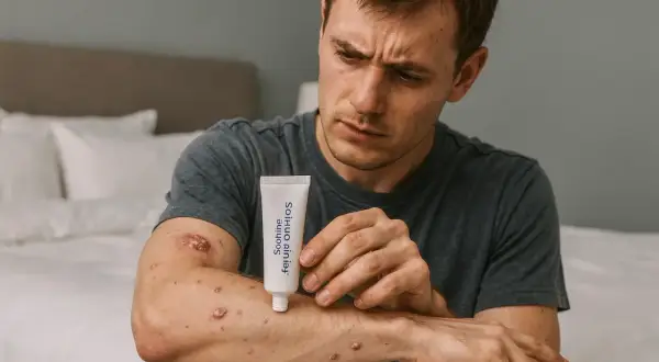 Homme inquiet avec des lésions cutanées sur le bras, tenant un tube de crème. Une solution naturelle pour la tension nerveuse et les problèmes de peau.