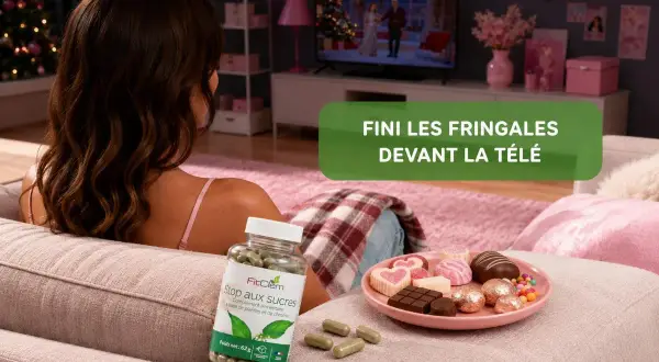Une femme se détend devant la télé avec des bonbons. Un flacon "Stop aux sucres" suggère un régime sans sucre réussi.
