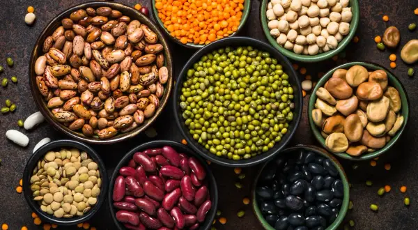 Assortiment de légumineuses : haricots, lentilles, pois chiches, fèves, mungo. Ces aliments sont excellents pour la gestion de la glycémie.