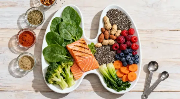 Assiette en forme de poumons avec saumon, épinards, brocolis, fruits rouges, graines de chia, noix et carottes. Une alimentation saine pour le Hashimoto, en évitant certains aliments interdits.