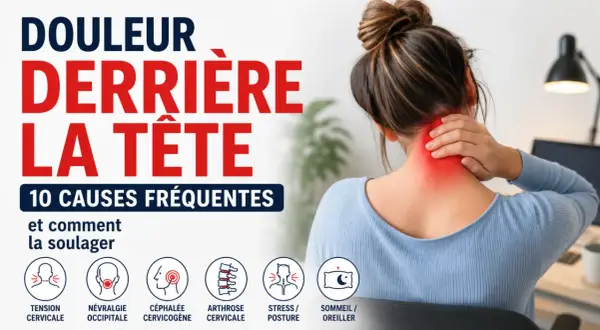 Une femme se tient la nuque, souffrant de mal derrière la tête. L'image liste 10 causes fréquentes de ce mal.