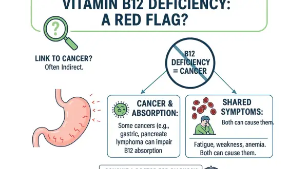 La carence en vitamine B12 peut être un signe de cancer. L'image montre le lien entre la carence en B12, les cancers affectant l'absorption et les symptômes partagés comme la fatigue.