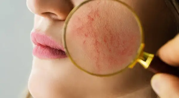Gros plan sur une peau rougie, examinée à la loupe. Une approche de rosacée traitement naturel pour apaiser les rougeurs.