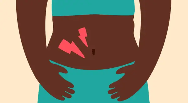 Douleur bas ventre mais pas de règles. Une personne tient son abdomen où des éclairs rouges symbolisent la douleur.
