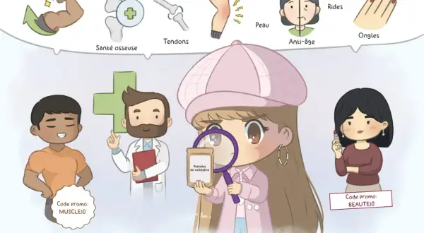 Une jeune femme examine des peptides de collagène avec une loupe, illustrant leurs bienfaits pour la peau, les cheveux, les articulations et la santé osseuse.