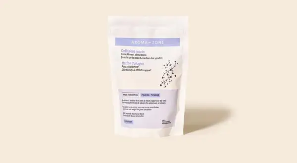 Sachet de collagène marin Aroma-Zone, un complément alimentaire pour la peau et les sportifs. Avis médical : améliore fermeté et réduit rides.