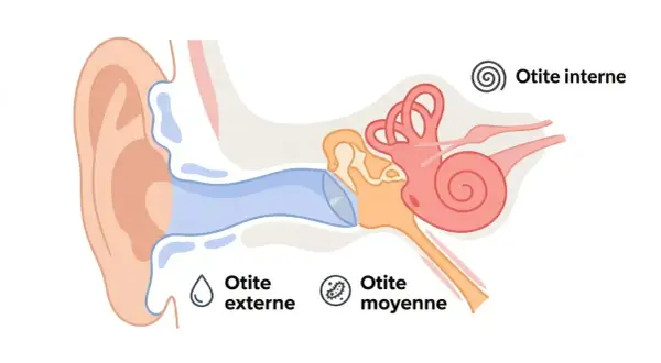 Schéma de l'oreille montrant otite externe, moyenne et interne. Des remèdes naturels pour l'otite peuvent aider.