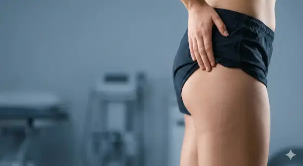 Une personne touche sa hanche, suggérant comment calmer la douleur d'une tendinite du moyen fessier.