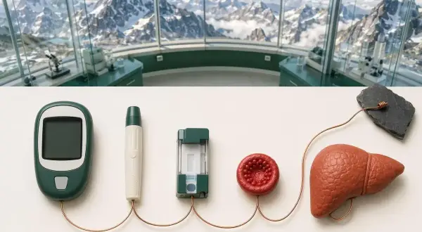 Appareil de mesure de glycémie, lancette, bandelettes, globule rouge et foie, symbolisant comment faire baisser l'hémoglobine glyquée.