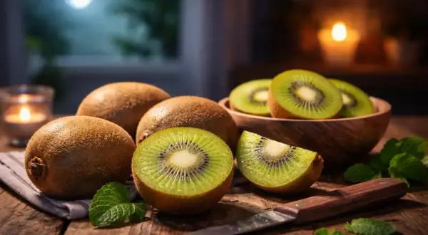 Des kiwis frais coupés et entiers sur une table en bois, avec une bougie allumée et une lune visible par la fenêtre. Parfait pour manger un kiwi le soir.