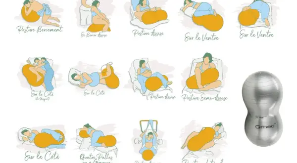 Diverses positions pour aider bébé à descendre dans le bassin, incluant des exercices sur ballon.