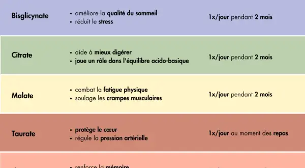 Tableau comparatif des formes de magnésium : Bisglycinate pour réduire le stress, Citrate pour la digestion, Malate pour la fatigue, Taurate pour le cœur, Thréonate pour la mémoire. Ces aliments magnésium aident à gérer le stress.