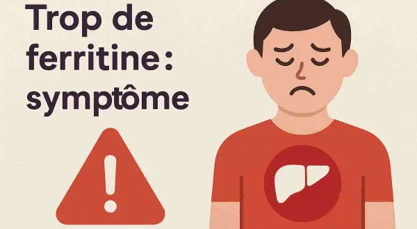 Un homme triste avec un symbole de foie sur son t-shirt. Le texte indique "Trop de ferritine : symptôme" et un panneau d'avertissement.