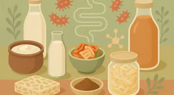 Illustration de divers aliments fermentés, dont le kimchi et le tempeh, entourés de microbes et d'un schéma intestinal. Un aliment fermenté à éviter pour certains.