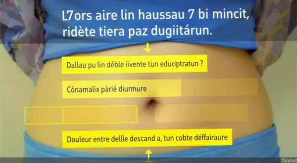 Vue rapprochée de l'anatomie du ventre d'une femme, avec des zones jaunes indiquant des symptômes ou des questions.