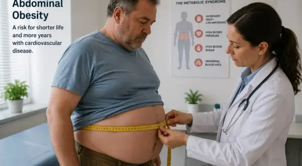 Un médecin mesure la taille d'un homme obèse. L'obésité abdominale présente un danger, tout comme l'ostéopathie viscérale mal pratiquée.