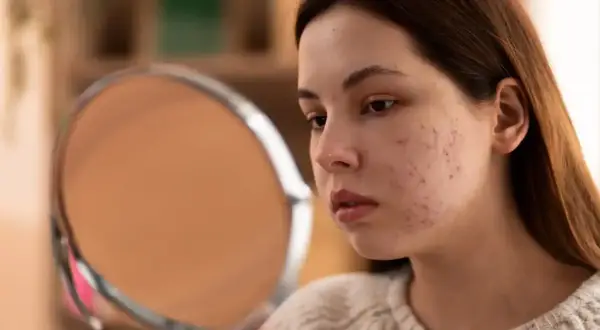 Jeune femme examinant son visage dans un miroir, préoccupée par l'acné et les imperfections de sa peau. Le zinc pourrait aider.