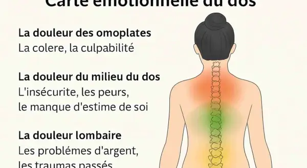Carte émotionnelle du dos : la douleur du milieu du dos liée à l'insécurité, aux peurs et au manque d'estime de soi.
