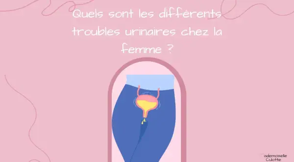 Illustration d'une vessie et de voies urinaires chez la femme, avec des gouttes tombant. Le texte demande : "Quels sont les différents troubles urinaires chez la femme ?". Parfois, il faut pousser pour uriner.