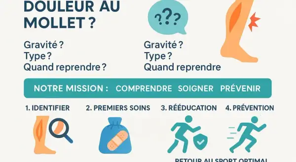 Schéma sur la douleur au mollet : identifier, premiers soins, rééducation, prévention. Notre mission : comprendre, soigner, prévenir.