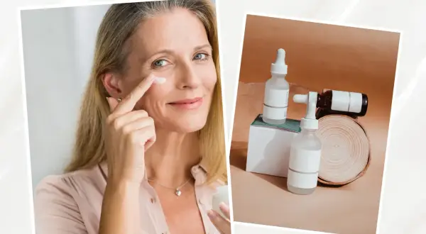 Une femme applique une crème, un geste pour une peau éclatante. À côté, des flacons de sérum, peut-être riches en vitamine A pour la peau.