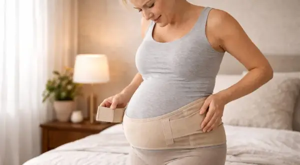 Femme enceinte ajustant sa ceinture de grossesse. Elle se demande à partir de quel mois l'utiliser pour soulager son dos.