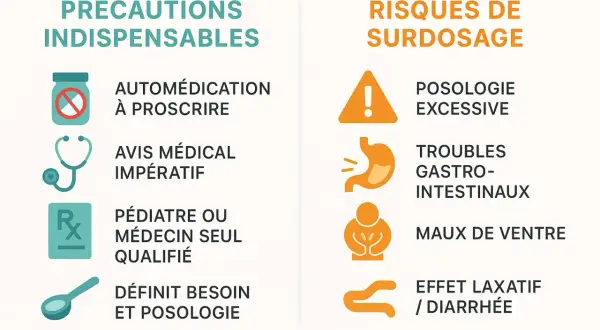 Précautions et risques de surdosage du malate de magnésium : automédication à proscrire, avis médical impératif, troubles gastro-intestinaux, maux de ventre, effet laxatif/diarrhée.