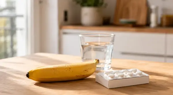 Une banane, un verre d'eau et une plaquette d'anticoagulant sur une table en bois.