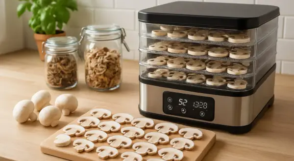 Champignons tranchés dans un déshydrateur, prêts à être séchés. Une astuce pour savoir comment se réhydrater : ajoutez-les à vos plats.