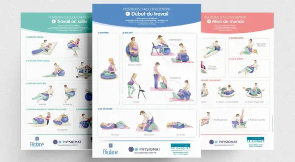 Illustrations de différentes positions physiologiques d'accouchement : travail, début du travail, mise au monde.