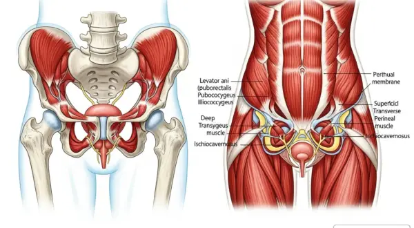 Anatomie du pelvis : le muscle ischio-caverneux, partie du plancher pelvien, est visible avec d'autres muscles et organes.