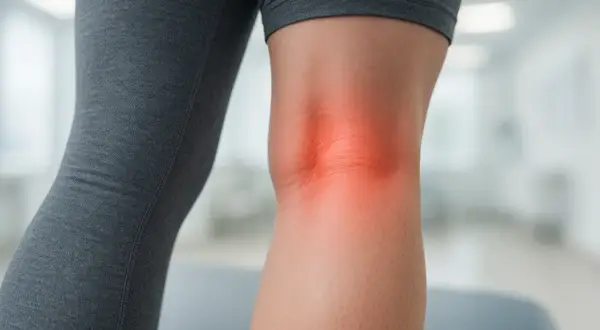 Douleur derrière le genou, peut-être liée à une mauvaise circulation. La zone est rougie, indiquant une inflammation.