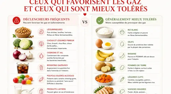 Liste aliments anti-ballonnements : légumineuses, choux, oignons, ail, boissons gazeuses, polyols, produits laitiers sont à éviter. Riz blanc, œufs, banane, pommes de terre, légumes cuits, viandes maigres sont mieux tolérés.