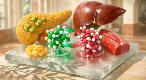 Pancréas, foie, muscle et molécules représentant l'insuline et le glucose. Illustration pour un indice HOMA élevé et son traitement.