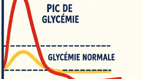 Graphique montrant un pic de glycémie élevé, bien au-dessus de la glycémie normale, illustrant un problème de régulation du sucre.