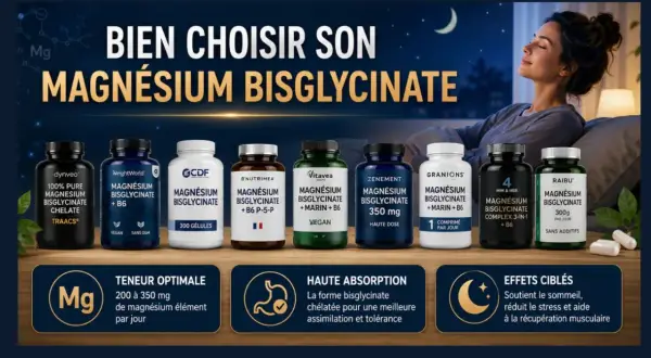 Choix de magnésium bisglycinate : une femme détendue, plusieurs marques de compléments, et les bienfaits pour le sommeil et le stress.