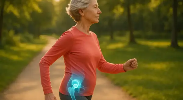 Femme âgée marchant dans un parc, une visualisation de la douleur fessier course à pied sur sa hanche.
