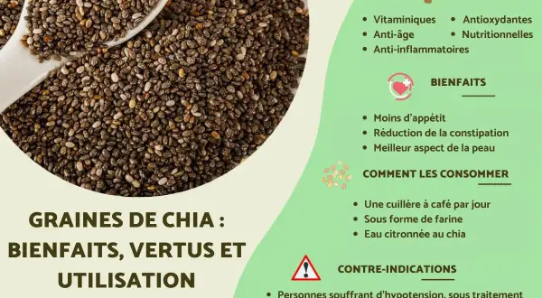 Graines de chia : une cuillère à café par jour pour leurs bienfaits vitaminiques, anti-âge et anti-inflammatoires.