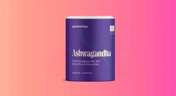 Flacon d'Ashwagandha Greenwhey. La question "ashwagandha interdit en France pourquoi" suscite des débats sur sa réglementation.