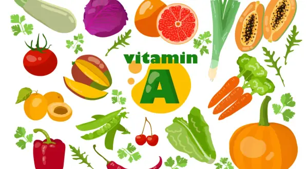 Légumes et fruits colorés, dont carottes, courge, poivron, tomate, mangue, papaye, et agrumes, illustrant des aliments riches en vitamine A.
