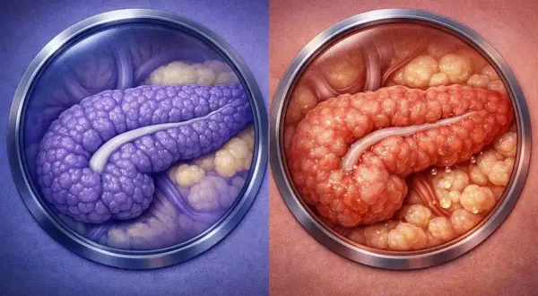 Pancréas sain (violet) vs. pancréas enflammé (rouge). Une prise de sang pour la lipase peut aider à diagnostiquer une pancréatite.