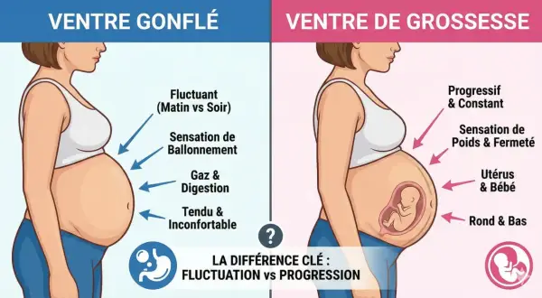 Comparaison entre un ventre gonflé (fluctuant, ballonnement, gaz) et un ventre de grossesse (progressif, utérus & bébé).