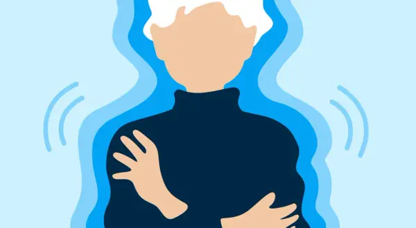 Person se serre les bras, le corps entouré d'ondes bleues, évoquant une sensation de froid soudaine.