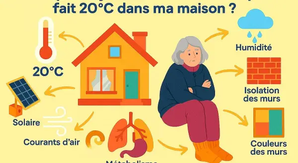 Une femme frissonne malgré 20°C chez elle. L'infographie explore les causes de cette sensation de froid intérieur du corps : humidité, isolation, couleurs des murs, métabolisme, courants d'air et solaire.
