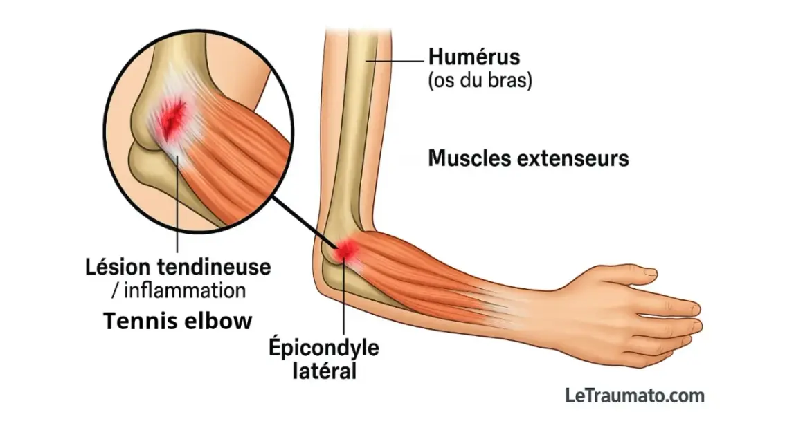 Illustration d'une douleur au coude, montrant une inflammation du tennis elbow sur l'épicondyle latéral, affectant les muscles extenseurs.