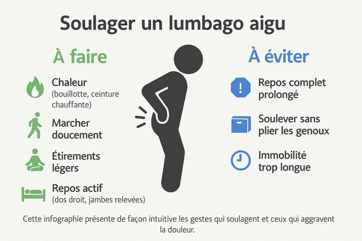 Soulager un lumbago aigu : chaleur, marche douce, étirements légers, repos actif. Éviter repos prolongé, soulever sans plier les genoux, immobilité.