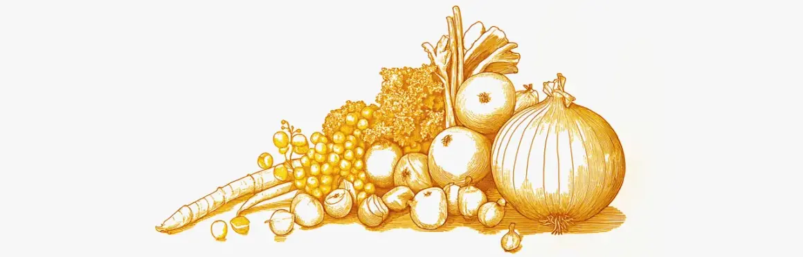 Illustration d'un assortiment de légumes et fruits, dont des oignons, carottes et raisins. Un remède naturel contre les démangeaisons.