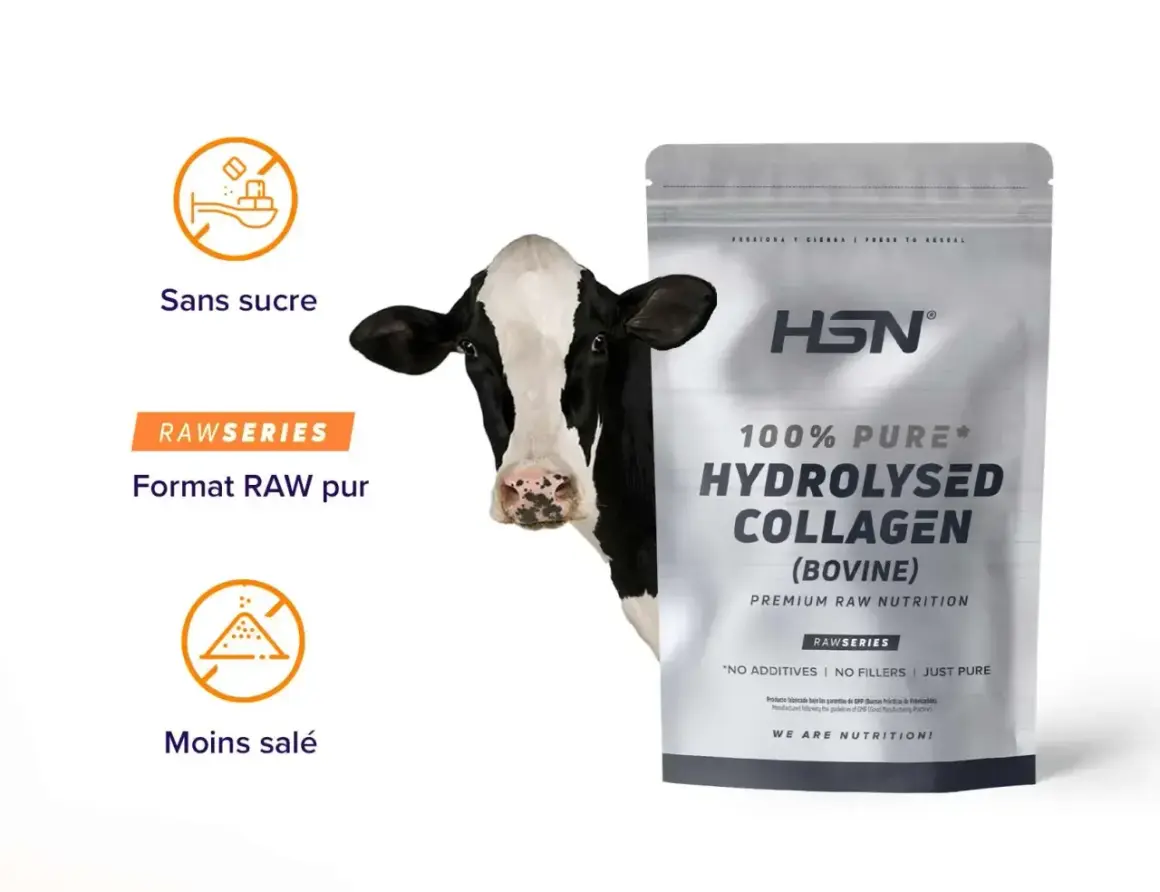Un sachet de collagène bovin HSN, sans sucre ni sel ajouté, avec une vache en arrière-plan.