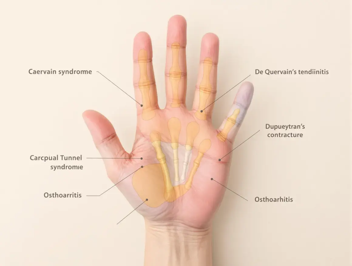 Anatomie de la main droite montrant les causes de douleur : syndrome de De Quervain, contracture de Dupuytren, syndrome du canal carpien, arthrose.
