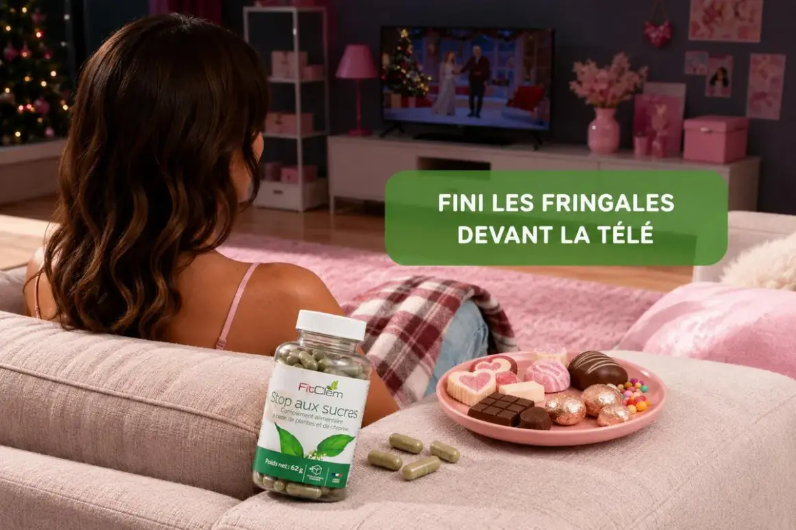 Une femme se détend devant la télé avec des bonbons. Un flacon "Stop aux sucres" suggère un régime sans sucre réussi.